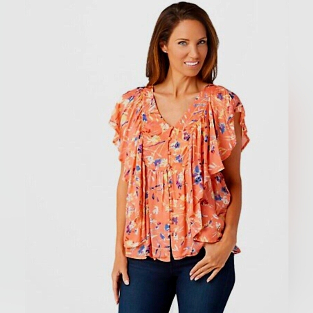 Haute Hippie Tribe Printed Ruffle Flutter-Sleeve Blouse Peach Floral Modal Sz L